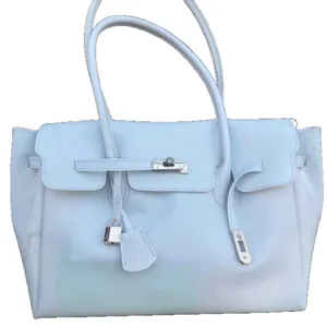 Light blue PVC jelly handbag, stylish large capacity shoulder tote bag with lock.