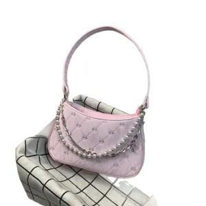 Pink quilted shoulder bag for women sweet style cute purse with pearl and metal chain straps