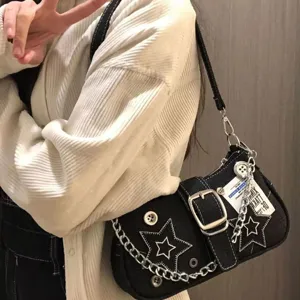 Black denim underarm shoulder bag for women, retro star embroidery chain handbag main view.