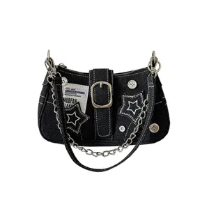 Y2K Black Denim Shoulder Bag Vintage Star Patch Metal Chain Y2K Spice Girl Handbag