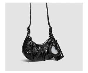 Stylish black crocodile pattern hobo shoulder bag with metal studs, heart mirror pendant.