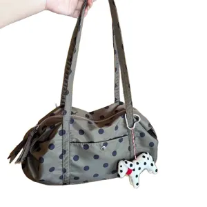 Niche design polka dot nylon shoulder bag, large capacity lightweight travel handbag.