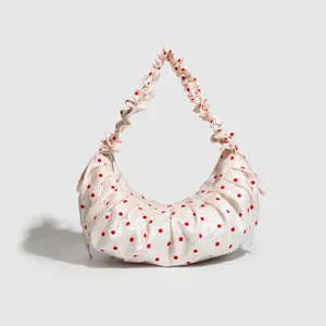 Women Casual Pleated Polka Dot Dumpling Bag Drawstring Zipper Crossbody Canvas Bag Commuter Tote Bag