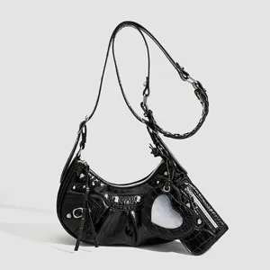 Trendy PU Leather Crescent Underarm Bag For Women Fashion Rivet Shoulder Crossbody Bag Casual Versatile Handbag