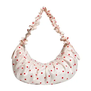 Womens cute red polka dot pleated crescent shoulder bag chic ruffled strap dumpling handbag
