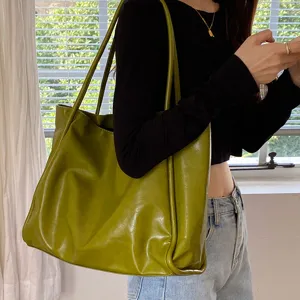 Women large capacity tote bag stylish olive green PU leather shoulder handbag casual daily use