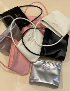 Women PU Leather Shoulder Bag Letter Butterfly Embroidery Underarm Bag Tote Handbag