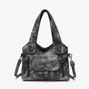 Large capacity retro washed women shoulder bag, casual tote bag with front pocket and straps.