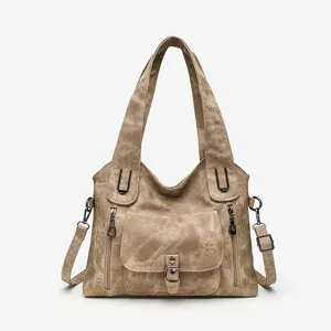 Vintage canvas shoulder bag for women, large capacity casual crossbody tote with front pockets.
