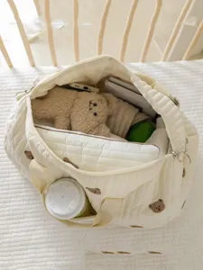 Quilted embroidered bear diaper bag multi-functional mom tote bag for baby stroller storage