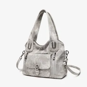 Retro grey canvas shoulder bag detail, spacious daily handbag with pockets & straps.