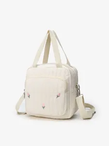 Quilted embroidered tote shoulder bag, lightweight casual crossbody bag with cute tulip pattern.