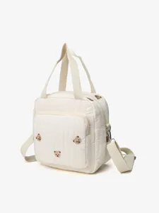 White quilted embroidered bear tote shoulder bag for women daily cute lightweight trendy style