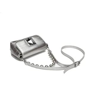 Silver metallic small crossbody bag featuring pyramid lock and beaded chain strap.