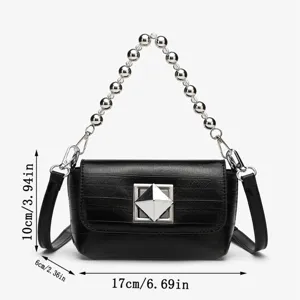 Stylish black chain crossbody bag with unique pyramid clasp and bead handle for women.