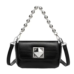 Black chic crossbody bag with metallic beaded chain and unique pyramid lock design.