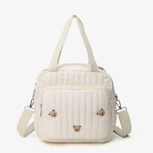 Quilted Cotton Tote Bag Cute Bear Tulip Embroidery Crossbody Bag Casual Lightweight Mommy Bag Travel Handbag