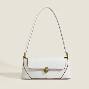 Minimalist white underarm baguette bag for women, retro chic solid color shoulder handbag.