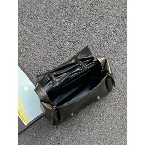 Black pleated drawstring multi-pocket shoulder crossbody bag street style handbag for women.