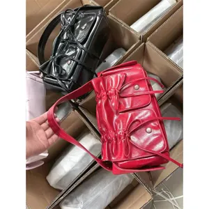 Korean style pleated drawstring bow multi-pocket shoulder bag detail view, sweet cool style.
