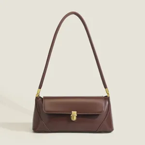 Women Retro PU Leather Underarm Bag French Vintage Solid Color Shoulder Bag Chic Metal Lock Baguette Handbag
