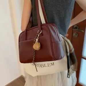 Stylish women's vintage solid color PU leather shoulder bag casual large capacity tote handbag