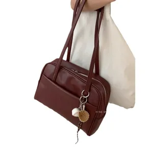 Retro brown large capacity shoulder bag for women stylish casual tote bag with baseball charm