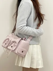 Korean style ruffled drawstring bow multi-pocket shoulder crossbody bag for sweet cool girls.