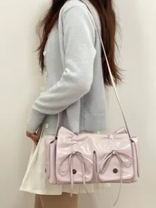 Korean style glossy shoulder messenger bag with pleats, bows, and multiple practical pockets.