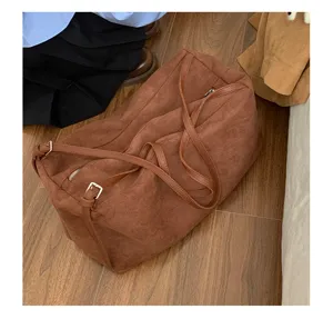 Korean casual large capacity brown suede shoulder pillow bag for women daily retro tote