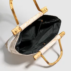 Retro Chinese Style Bamboo Handle Handbag Elegant Vintage Tote Bag for Women Daily Fashion