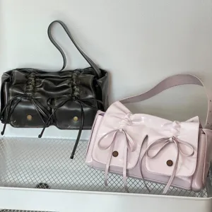 Korean style ruched drawstring bow multi pocket shoulder crossbody bag for women fashion