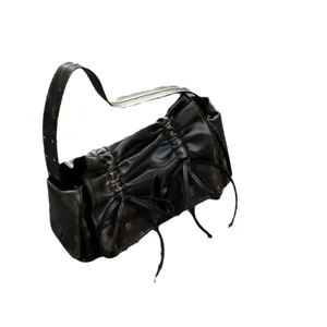 Black ruched drawstring multi-pocket shoulder crossbody bag sweet cool style handbag.