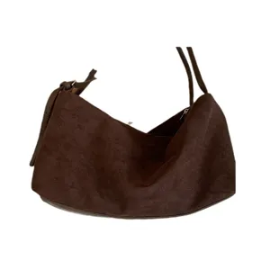 Brown suede hobo shoulder bag for women, minimalist large capacity slouchy daily handbag.