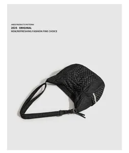 Borsa a tracolla in tela nera a pois da donna, borsa casual giornaliera con cinghia regolabile.
