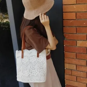 Borsa a tracolla shopper in pizzo bianco stile coreano da donna, grande borsa casual giornaliera.