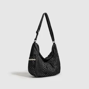 Borsa a tracolla casual in denim a pois da donna, grande borsa da giorno per il lavoro