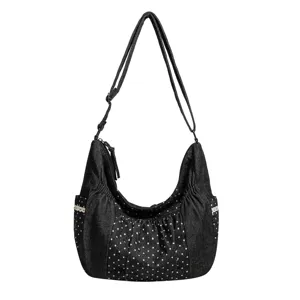 Borsa a tracolla casual in tela a pois da donna, grande shopper per il lavoro quotidiano.