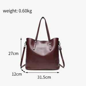 Retro oil wax leather tote bag detailed view showcasing dimensions and lightweight design.