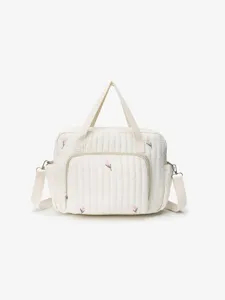 Quilted diaper tote bag, lightweight mommy shoulder bag with cute floral embroidery, off-white.