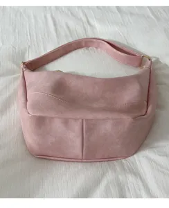 Pink soft PU leather hobo shoulder bag detailed view, elegant slouchy dumpling design.
