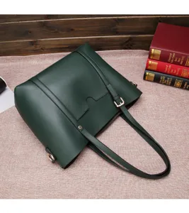 Dark green soft leather tote bag for women, minimalist large capacity shoulder handbag.