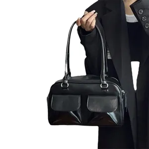 Black leather shoulder bag for women, large capacity vintage minimalist underarm tote bag.