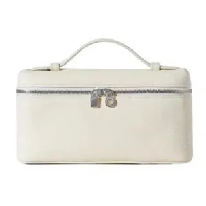 White PU leather vanity handbag with top handle and double zipper for women daily use.