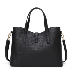 Black crocodile pattern women handbag, stylish leather shoulder tote bag for daily use.