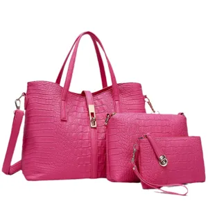 Women's pink crocodile pattern PU leather handbag set, elegant 3-piece tote and crossbody.