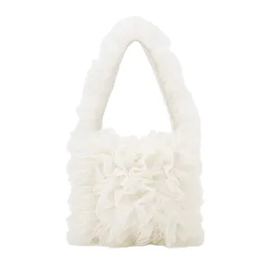 White mesh ruffled tote bag, Japanese niche design shoulder bag for summer daily wear.