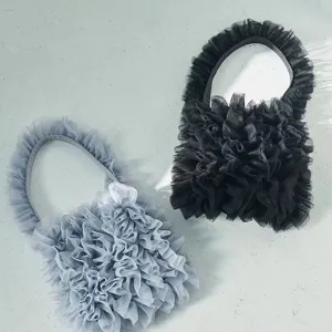 Stylish tulle ruffled tote bag for women, unique Japanese style shoulder bag in black and grey.