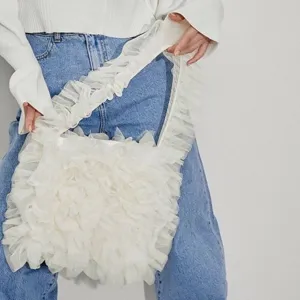 White tulle ruffled shoulder bag, spacious casual tote handbag with elegant mesh design.