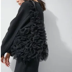 Black tulle ruffled shoulder tote bag, large capacity Japanese niche design women handbag main.